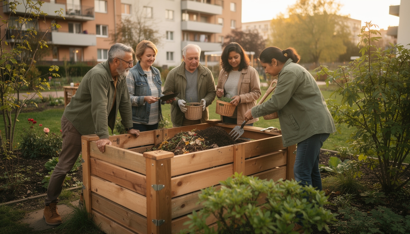 Grupo de vecinos trabajando en un sistema de compostaje comunitario en una urbanización