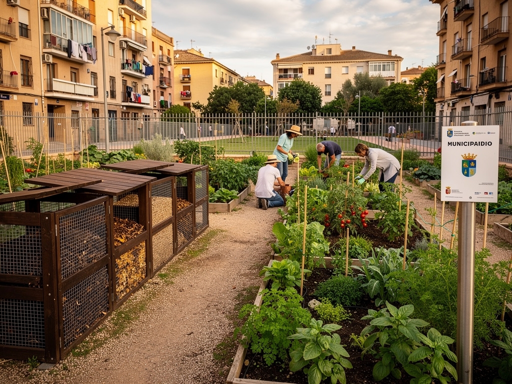 Huerto urbano municipal con compostadores colectivos en uso, rodeado de vegetación y senderos
