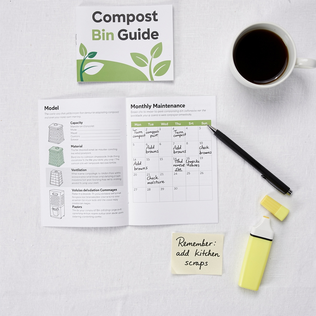 Manual impreso de compostaje comunitario sobre una mesa con notas y bolígrafo, vista desde arriba