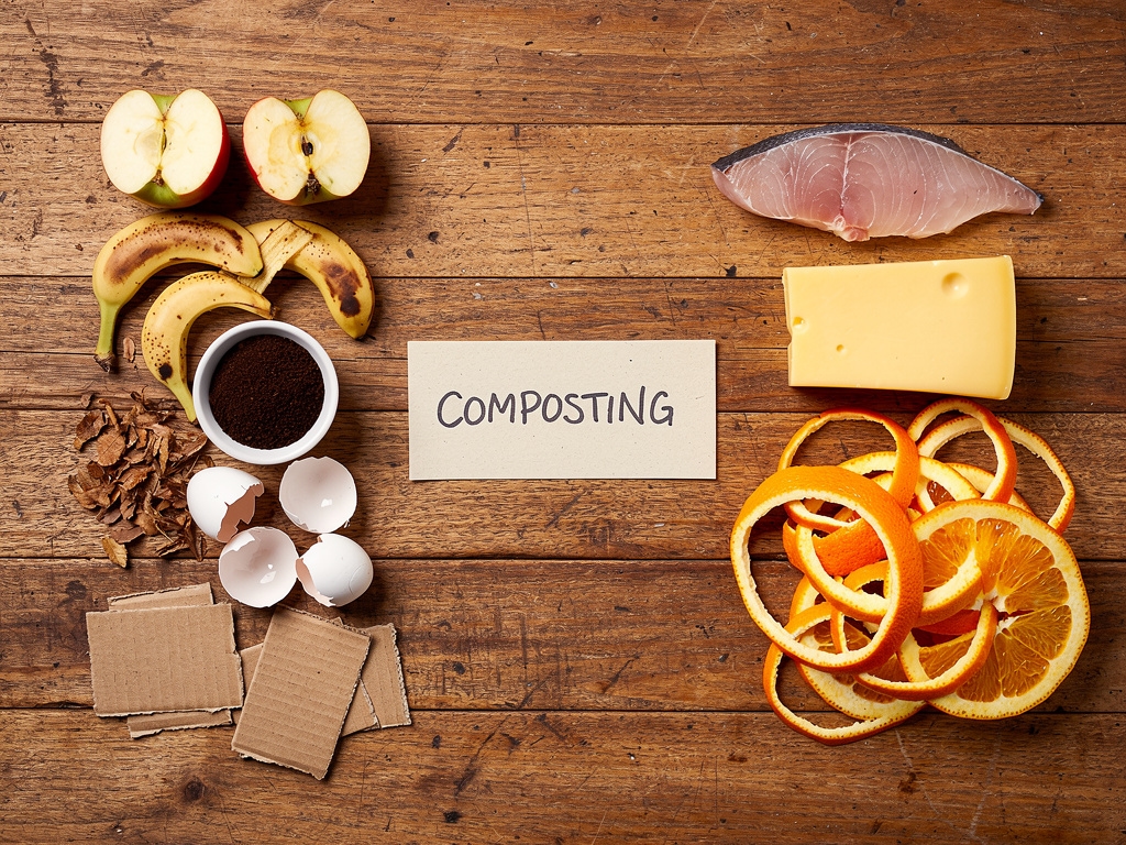 Clasificación de residuos orgánicos sobre una mesa de madera, mostrando frutas, verduras y materiales compostables