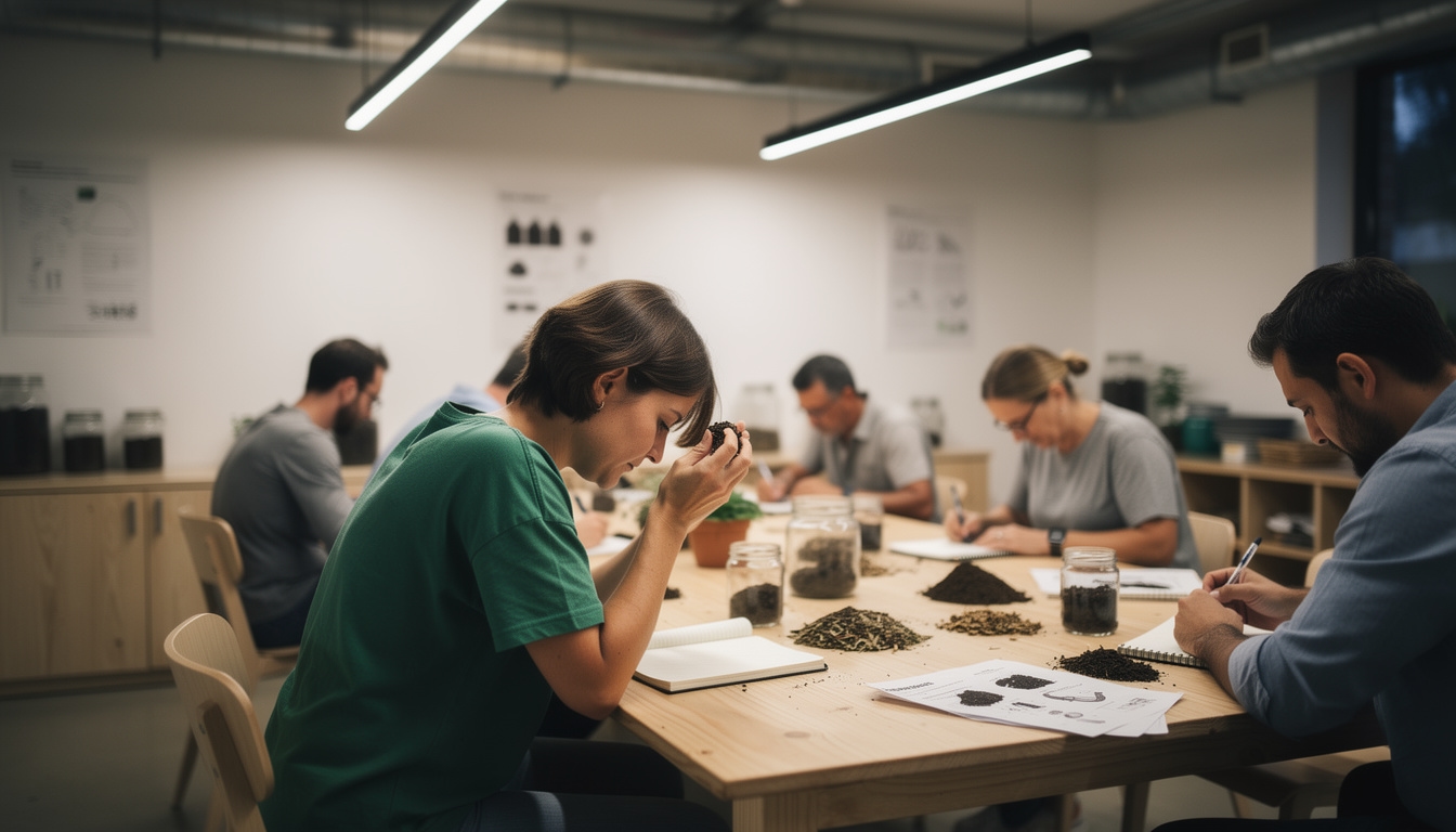 Participantes en un taller de compostaje tomando notas y manipulando materiales orgánicos