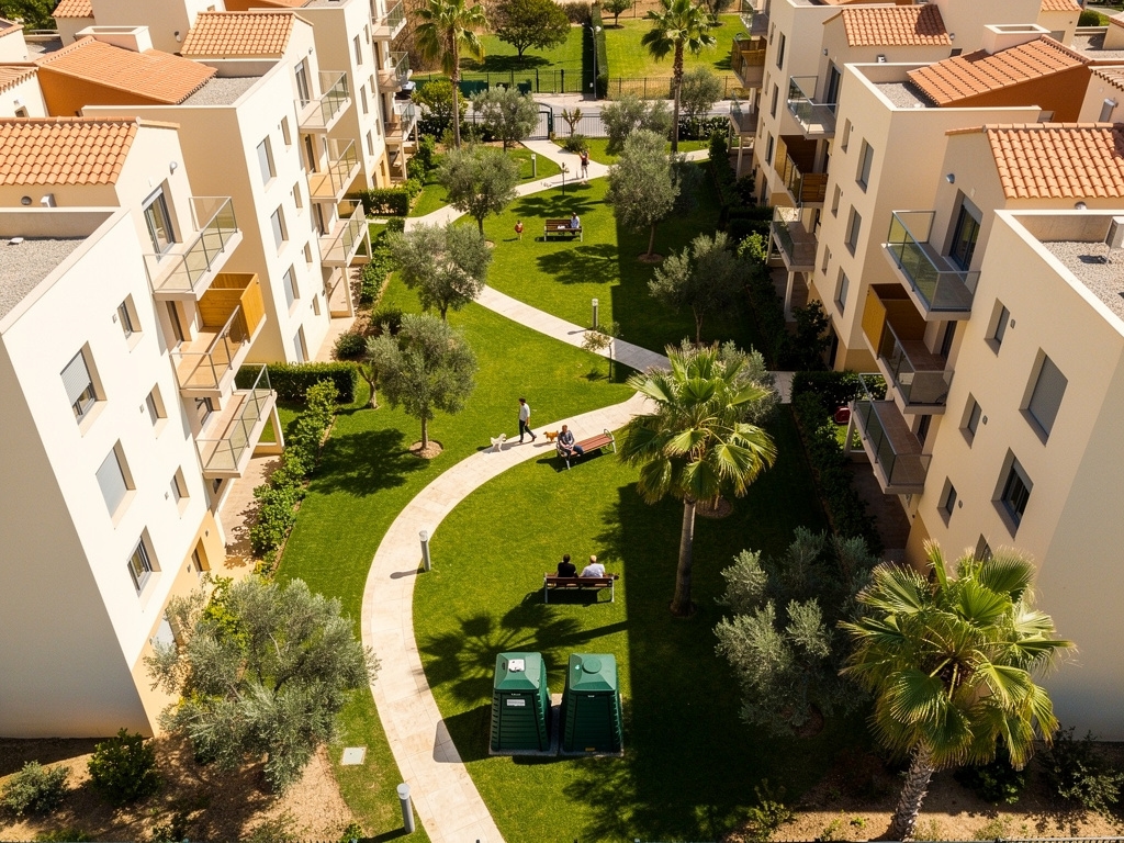 Vista aérea de una urbanización residencial con zonas verdes donde se puede instalar compostaje comunitario